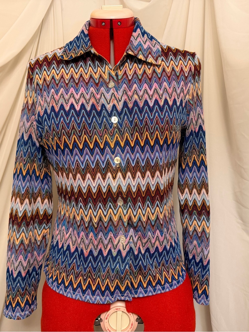 1970’s Ecco Geometric Button Down Shirt in Blue & Pink Like New